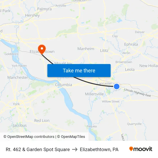 Rt. 462 & Garden Spot Square to Elizabethtown, PA map