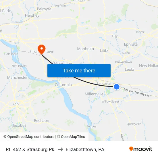 Rt. 462 & Strasburg Pk. to Elizabethtown, PA map