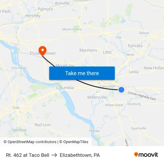 Rt. 462 at Taco Bell to Elizabethtown, PA map