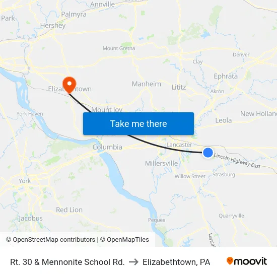 Rt. 30 & Mennonite School Rd. to Elizabethtown, PA map