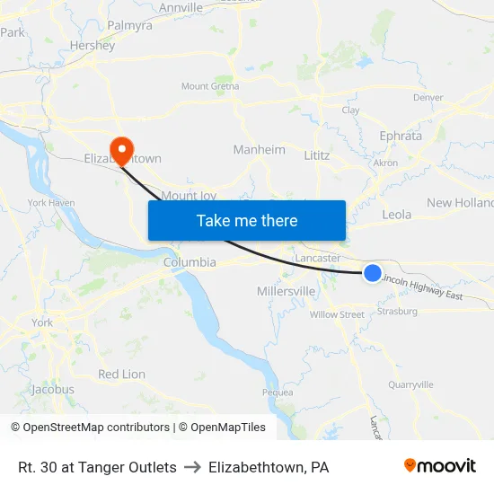 Rt. 30 at Tanger Outlets to Elizabethtown, PA map