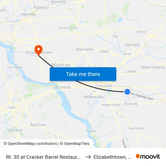 Rt. 30 at Cracker Barrel Restaurant to Elizabethtown, PA map