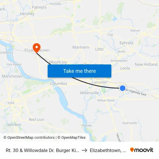 Rt. 30 & Willowdale Dr. Burger King to Elizabethtown, PA map