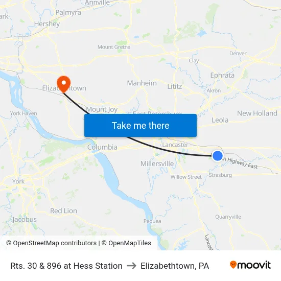Rts. 30 & 896 at Hess Station to Elizabethtown, PA map