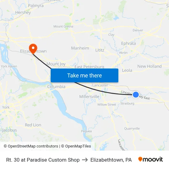 Rt. 30 at Paradise Custom Shop to Elizabethtown, PA map