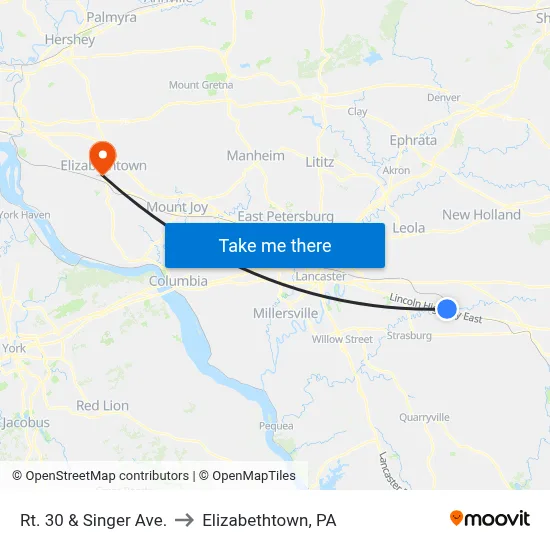 Rt. 30 & Singer Ave. to Elizabethtown, PA map