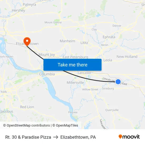 Rt. 30 & Paradise Pizza to Elizabethtown, PA map