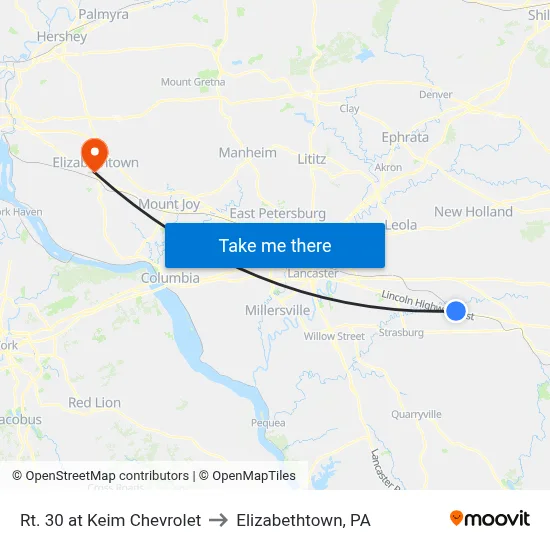 Rt. 30 at Keim Chevrolet to Elizabethtown, PA map