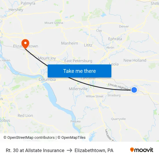 Rt. 30 at Allstate Insurance to Elizabethtown, PA map