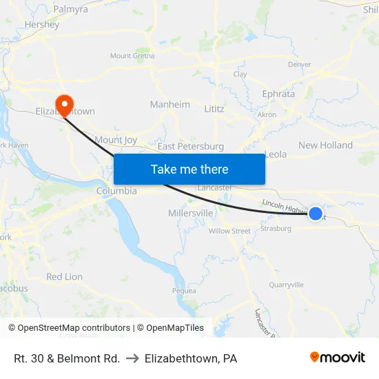 Rt. 30 & Belmont Rd. to Elizabethtown, PA map