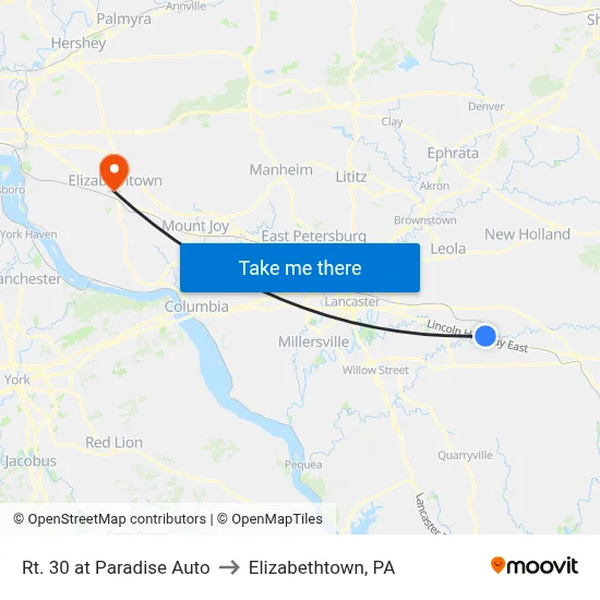 Rt. 30 at Paradise Auto to Elizabethtown, PA map