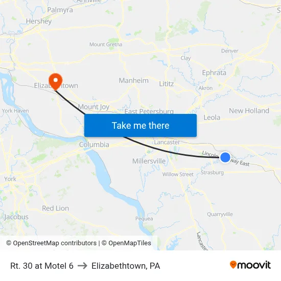Rt. 30 at Motel 6 to Elizabethtown, PA map