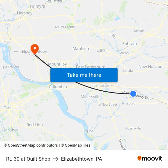 Rt. 30 at Quilt Shop to Elizabethtown, PA map