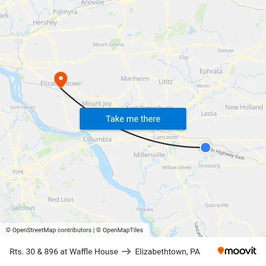 Rts. 30 & 896 at Waffle House to Elizabethtown, PA map