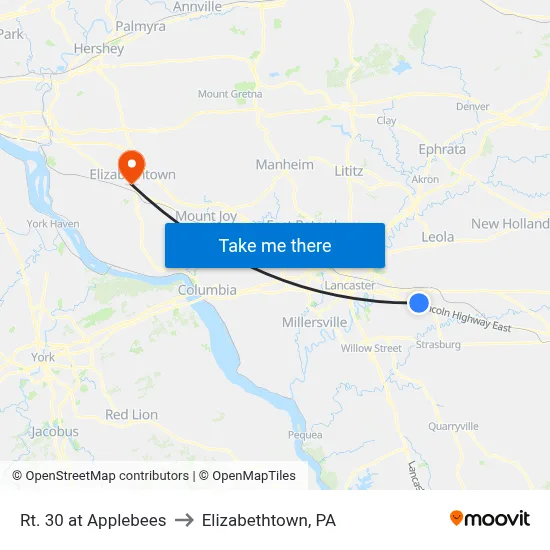 Rt. 30 at Applebees to Elizabethtown, PA map