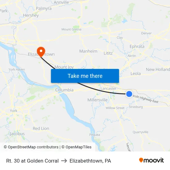 Rt. 30 at Golden Corral to Elizabethtown, PA map
