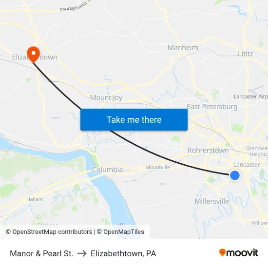 Manor & Pearl St. to Elizabethtown, PA map