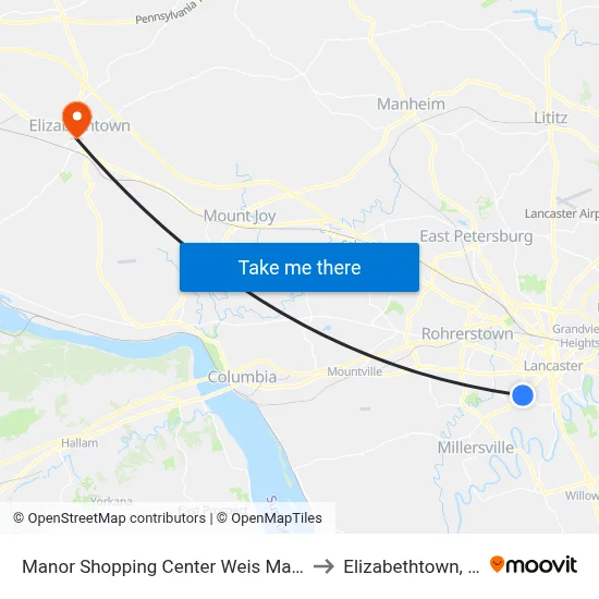 Manor Shopping Center Weis Market to Elizabethtown, PA map