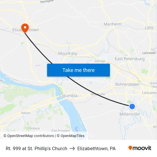 Rt. 999 at St. Phillip's Church to Elizabethtown, PA map