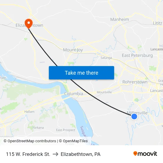 115 W. Frederick St. to Elizabethtown, PA map