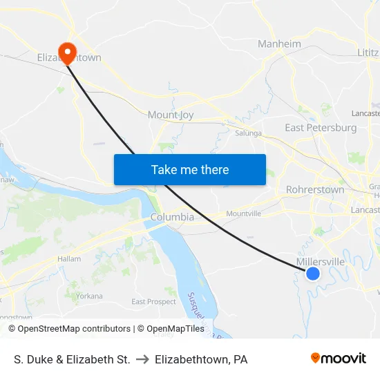 S. Duke & Elizabeth St. to Elizabethtown, PA map