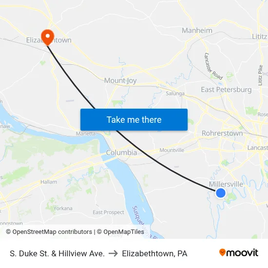 S. Duke St. & Hillview Ave. to Elizabethtown, PA map