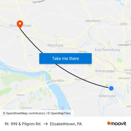 Rt. 999 & Pilgrim Rd. to Elizabethtown, PA map