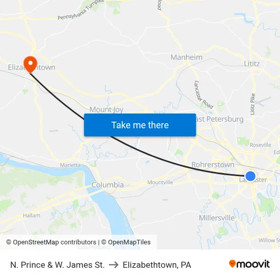 N. Prince & W. James St. to Elizabethtown, PA map