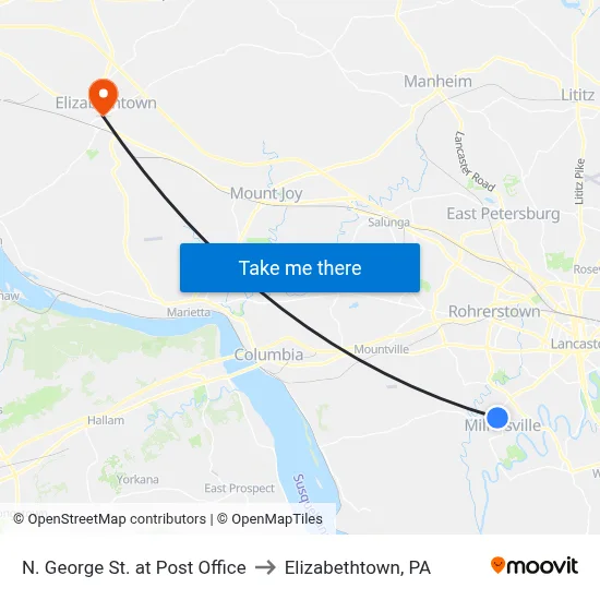 N. George St. at Post Office to Elizabethtown, PA map