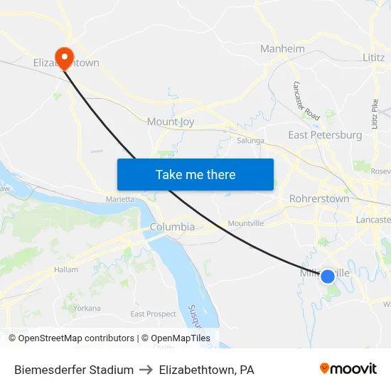 Biemesderfer Stadium to Elizabethtown, PA map