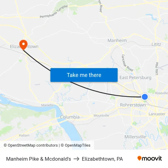 Manheim Pike & Mcdonald's to Elizabethtown, PA map