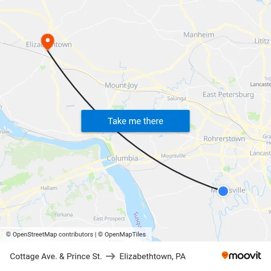 Cottage Ave. & Prince St. to Elizabethtown, PA map