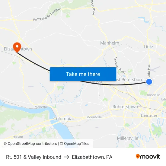 Rt. 501 & Valley Inbound to Elizabethtown, PA map