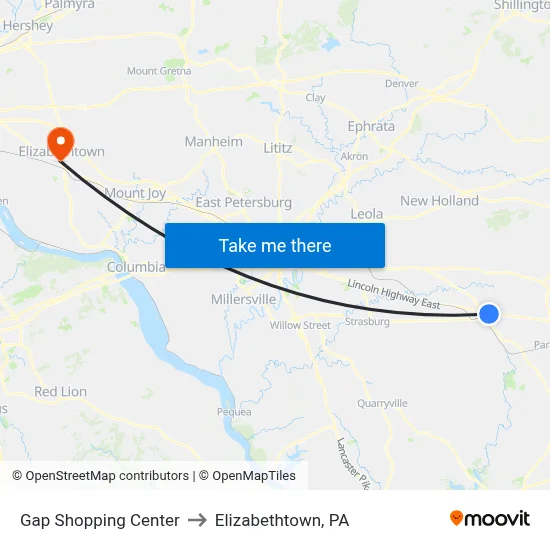 Gap Shopping Center to Elizabethtown, PA map