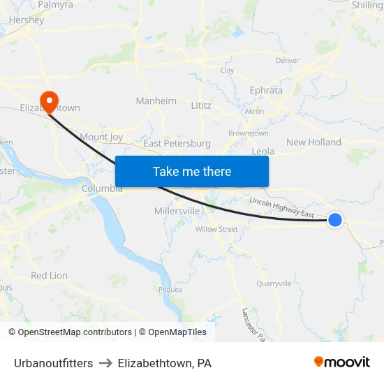 Urbanoutfitters to Elizabethtown, PA map