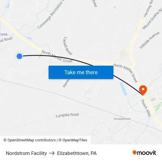 Nordstrom Facility to Elizabethtown, PA map