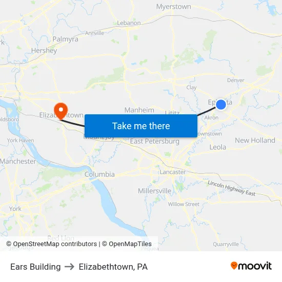Ears Building to Elizabethtown, PA map