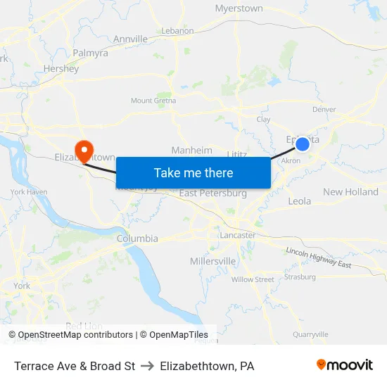 Terrace Ave & Broad St to Elizabethtown, PA map