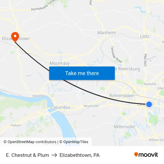E. Chestnut & Plum to Elizabethtown, PA map