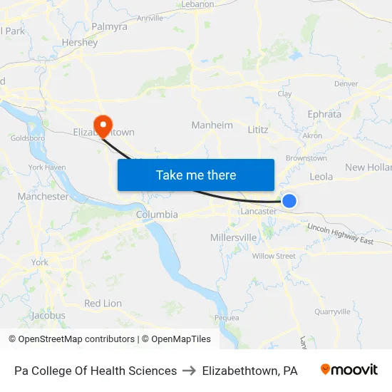 Pa College Of Health Sciences to Elizabethtown, PA map