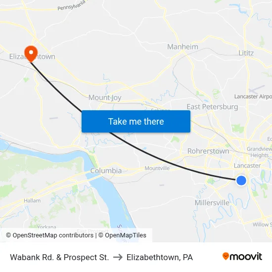 Wabank Rd. & Prospect St. to Elizabethtown, PA map