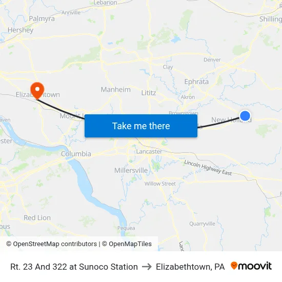 Rt. 23 And 322 at Sunoco Station to Elizabethtown, PA map