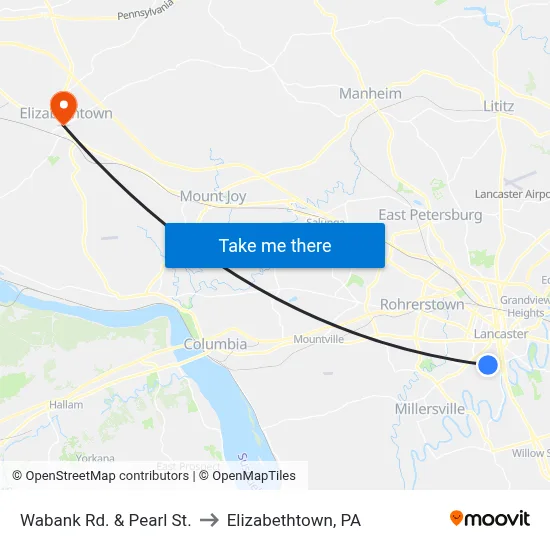 Wabank Rd. & Pearl St. to Elizabethtown, PA map