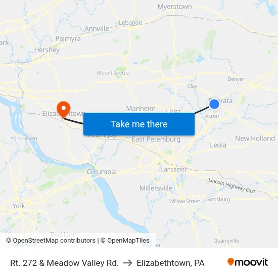 Rt. 272 & Meadow Valley Rd. to Elizabethtown, PA map