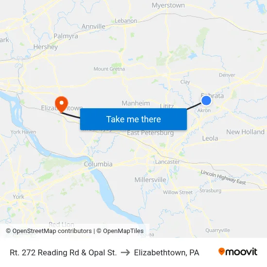 Rt. 272 Reading Rd & Opal St. to Elizabethtown, PA map