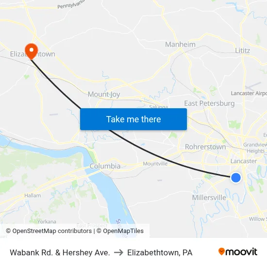 Wabank Rd. & Hershey Ave. to Elizabethtown, PA map