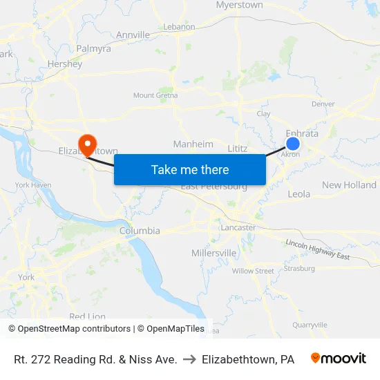 Rt. 272 Reading Rd. & Niss Ave. to Elizabethtown, PA map