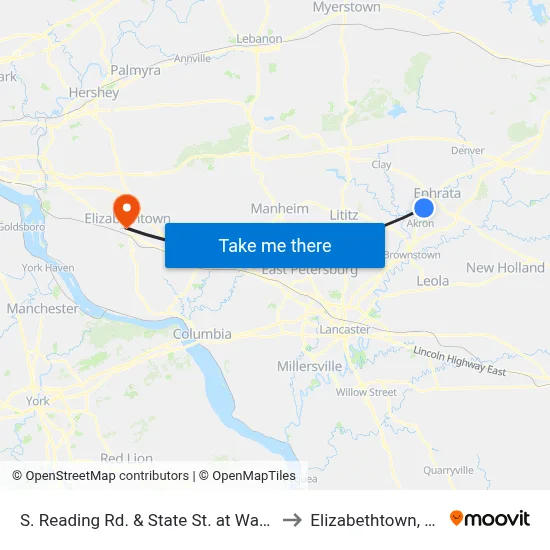 S. Reading Rd. & State St. at Wawa to Elizabethtown, PA map