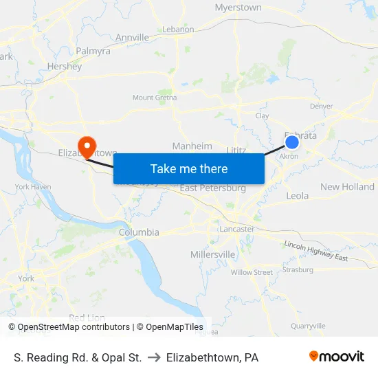 S. Reading Rd. & Opal St. to Elizabethtown, PA map