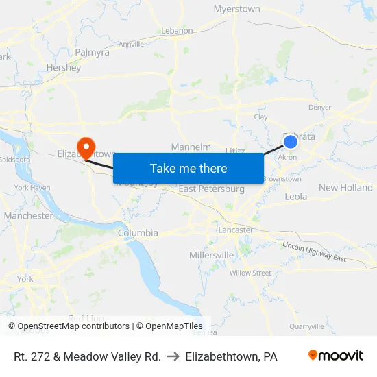 Rt. 272 & Meadow Valley Rd. to Elizabethtown, PA map